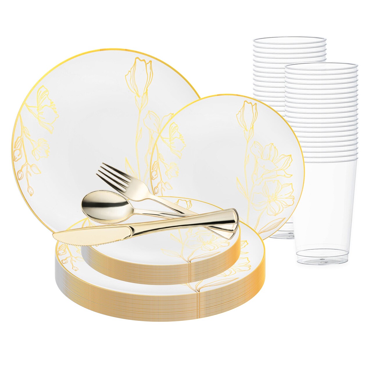 White with Gold Antique Floral Round Disposable Plastic Wedding Value Set (20 Settings)